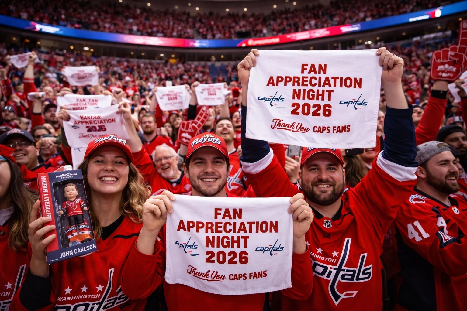 Washington Capitals Fan Appreciation Night giveaways and fans holding team merchandise inside the arena