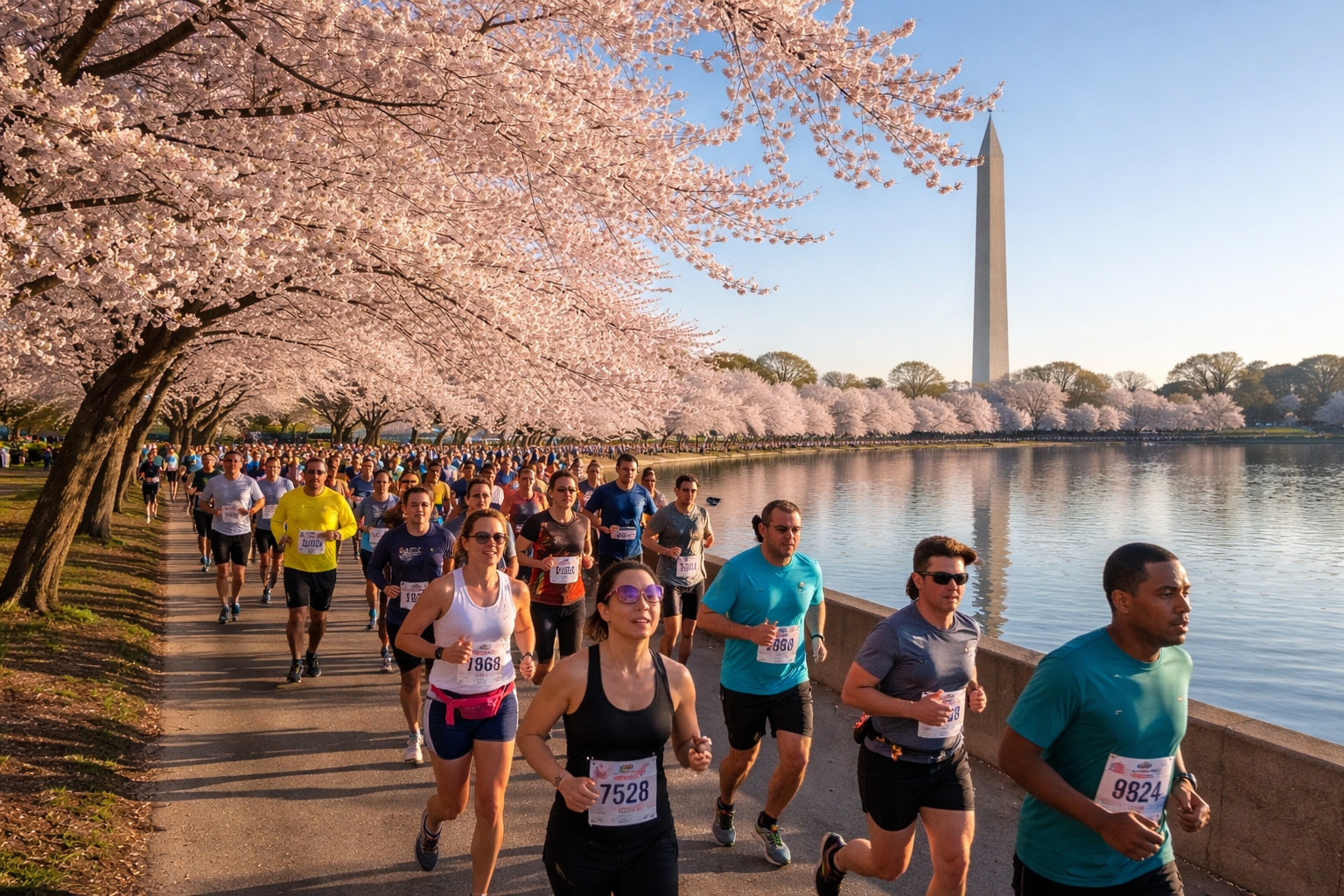 Runners passing cherry blossoms along the Tidal Basin during the Cherry Blossom 10 Mile race in Washington DC