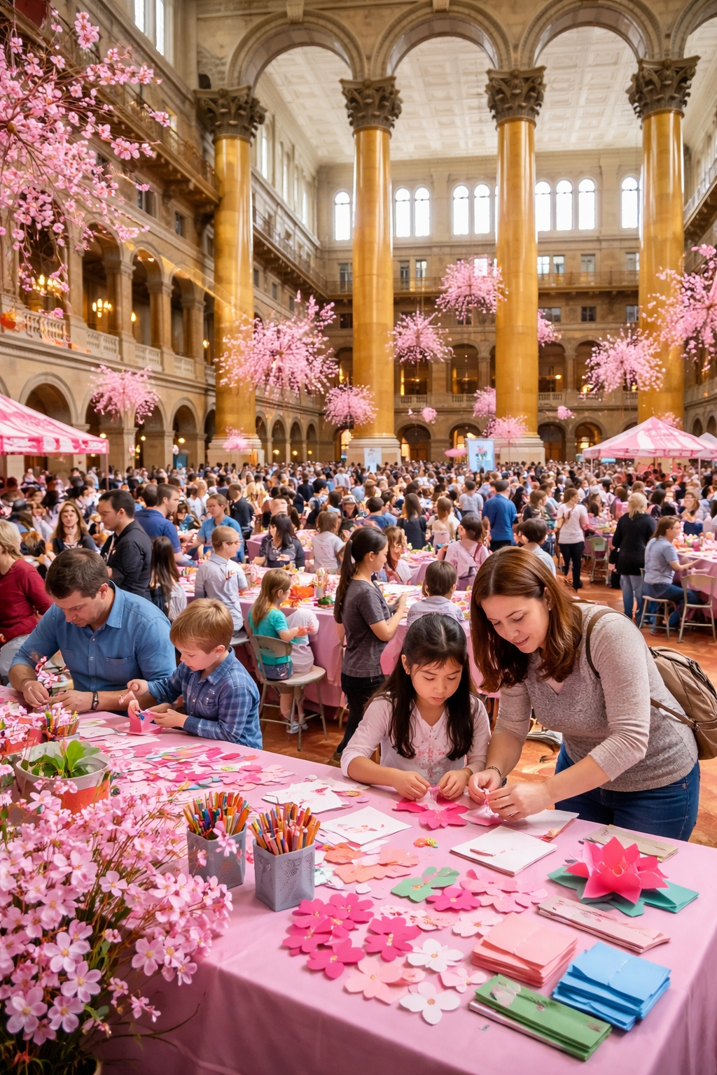 Children and families participating in cherry blossom themed activities during Cherry Blossom Family Day at a Washington DC spring festival