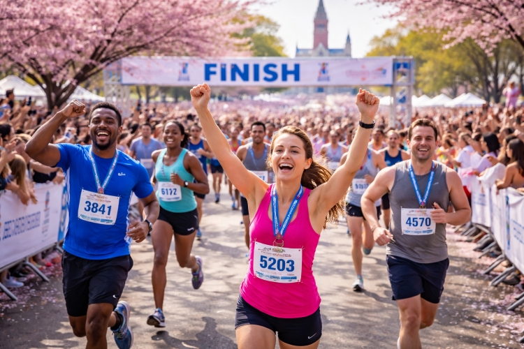 Runners crossing the finish line at the Cherry Blossom Run near the National Mall in Washington DC with cherry blossoms blooming and crowds celebrating