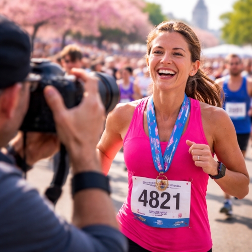 Runner smiling at the finish line during the Cherry Blossom Run in Washington DC as a race photographer captures the moment with bib number visible