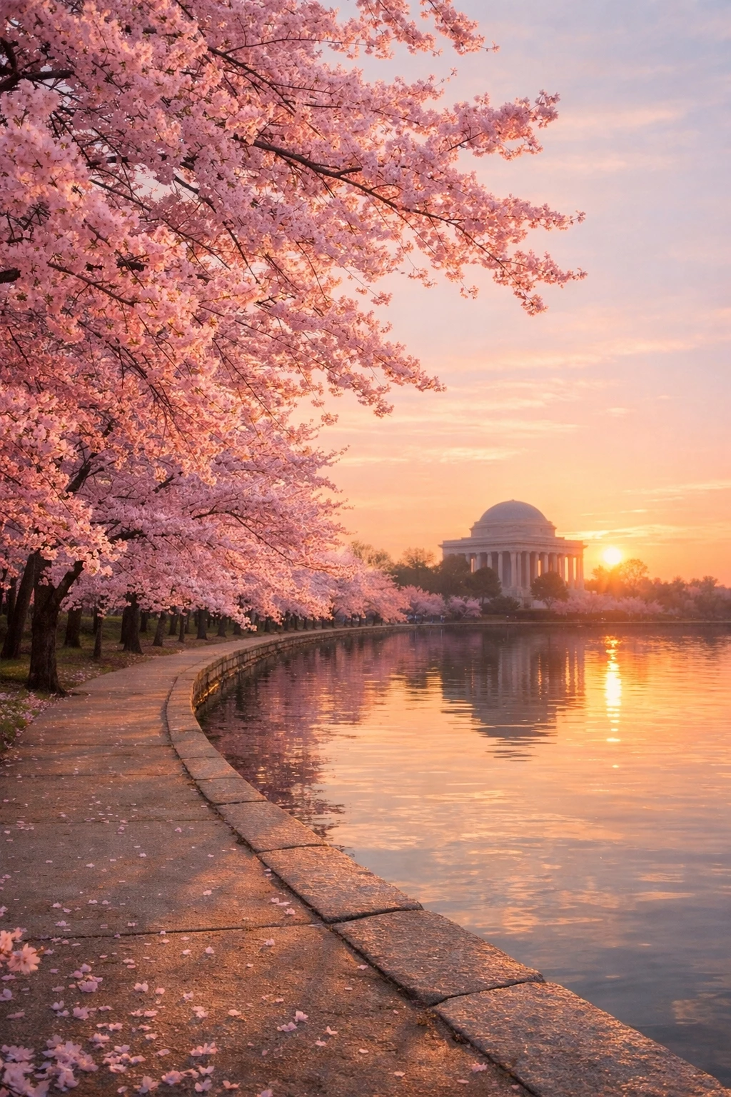 cherry blossoms lining a path at sunrise with reflections on water and a domed building silhouette