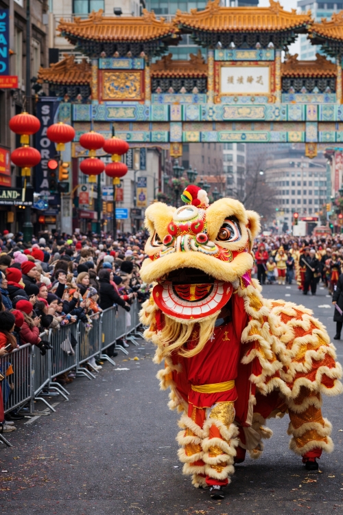Lion dance performance during Chinese New Year Parade in Washington DC Chinatown