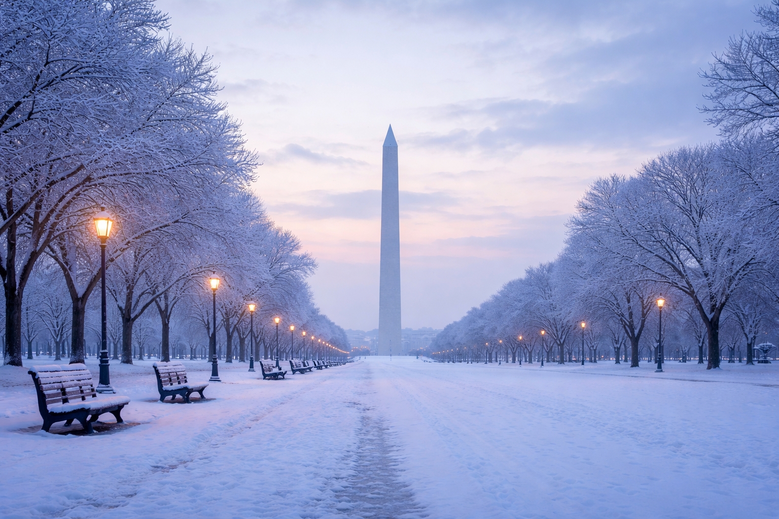 Snow-covered National Mall during winter in Washington DC illustrating historic cold temperatures