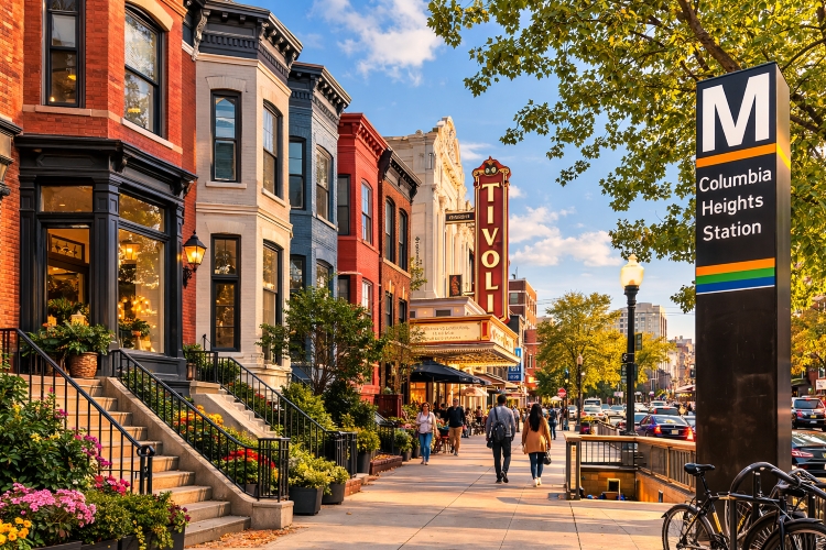 Historic rowhouses and neighborhood streets in Columbia Heights Washington DC, a diverse district known for its 19th-century development, Tivoli Theater, and vibrant urban culture near the nation’s capital.