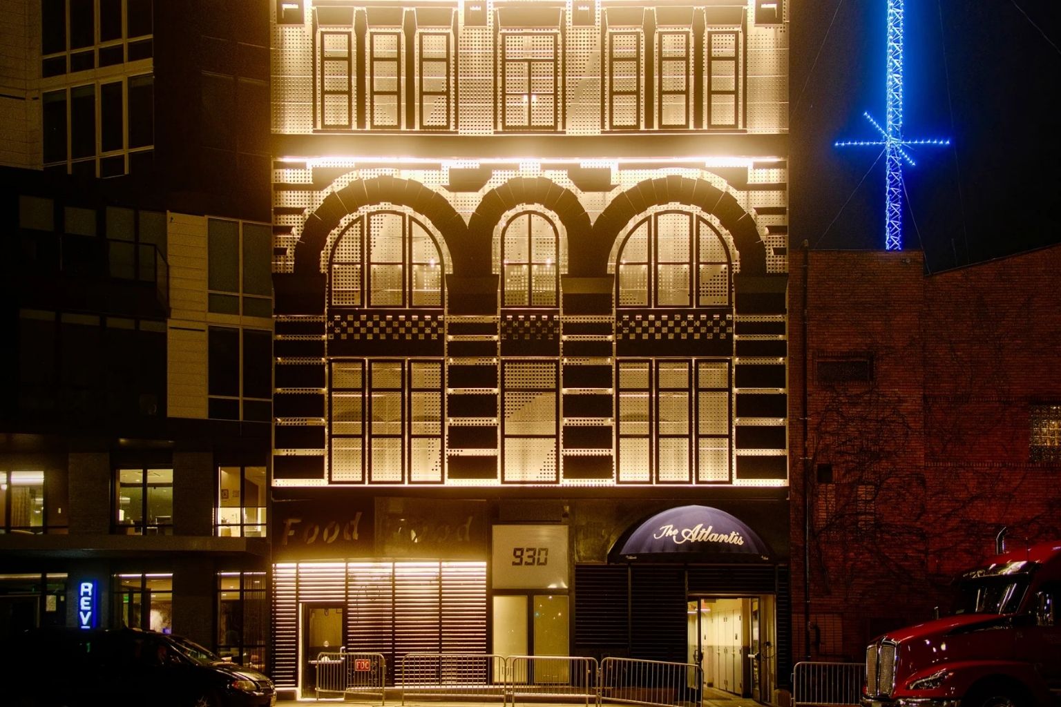 a building with lights on the side