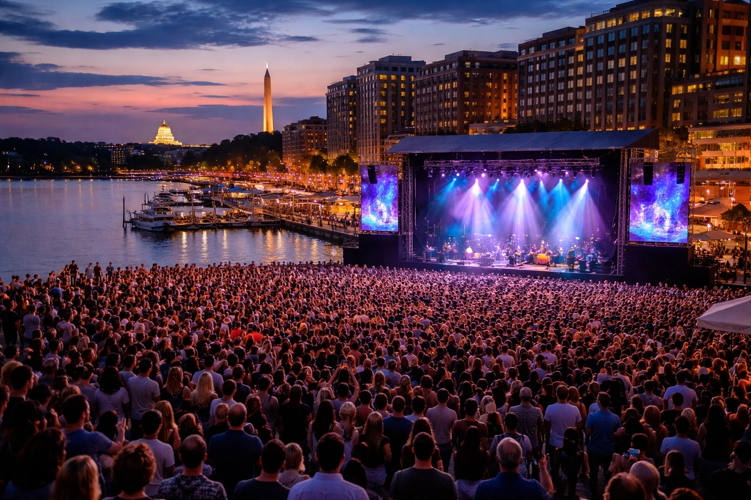 Crowd attending a live waterfront concert in Washington DC 2026 with illuminated stage and city skyline at dusk