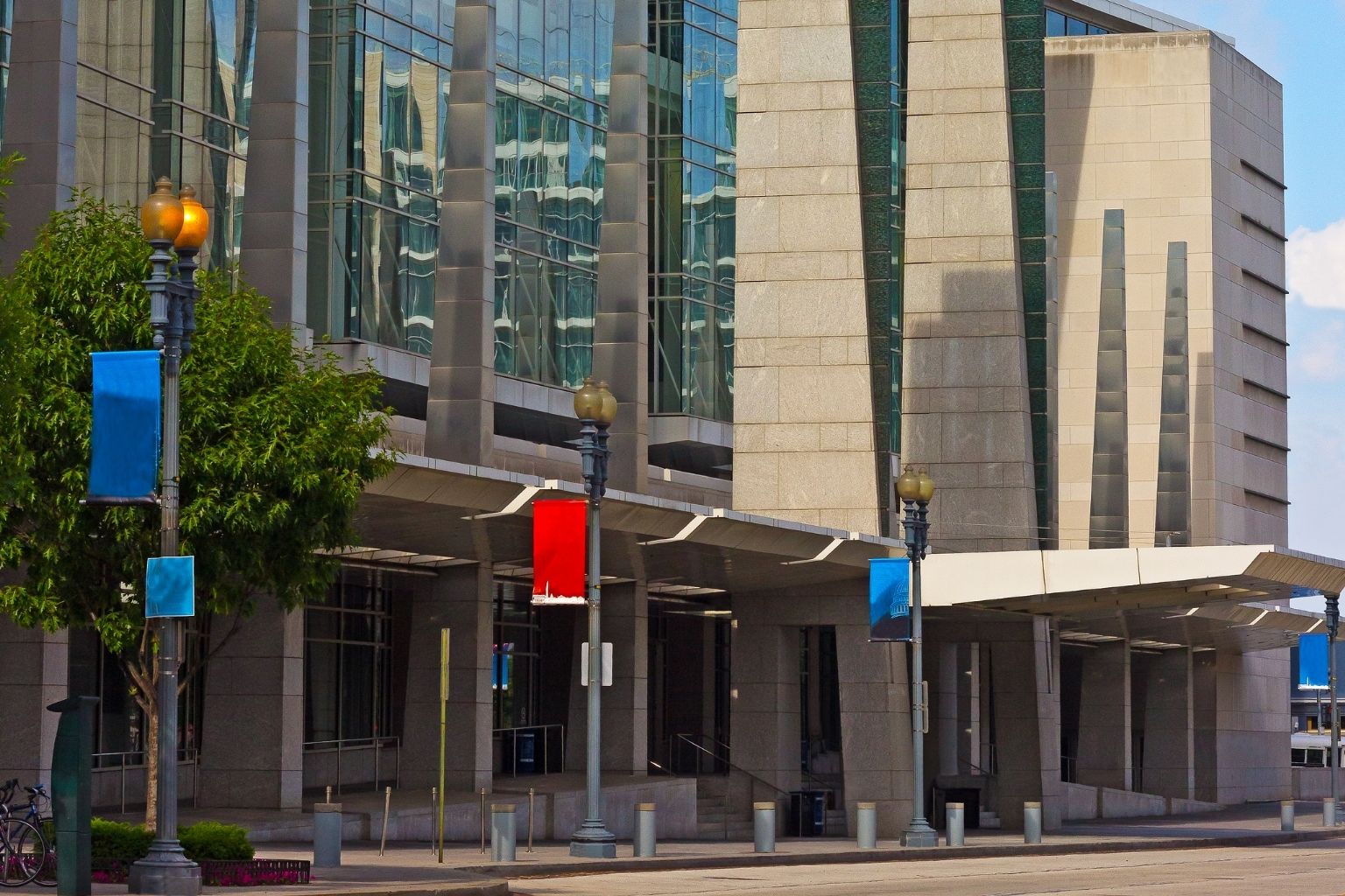 a building with a red sign