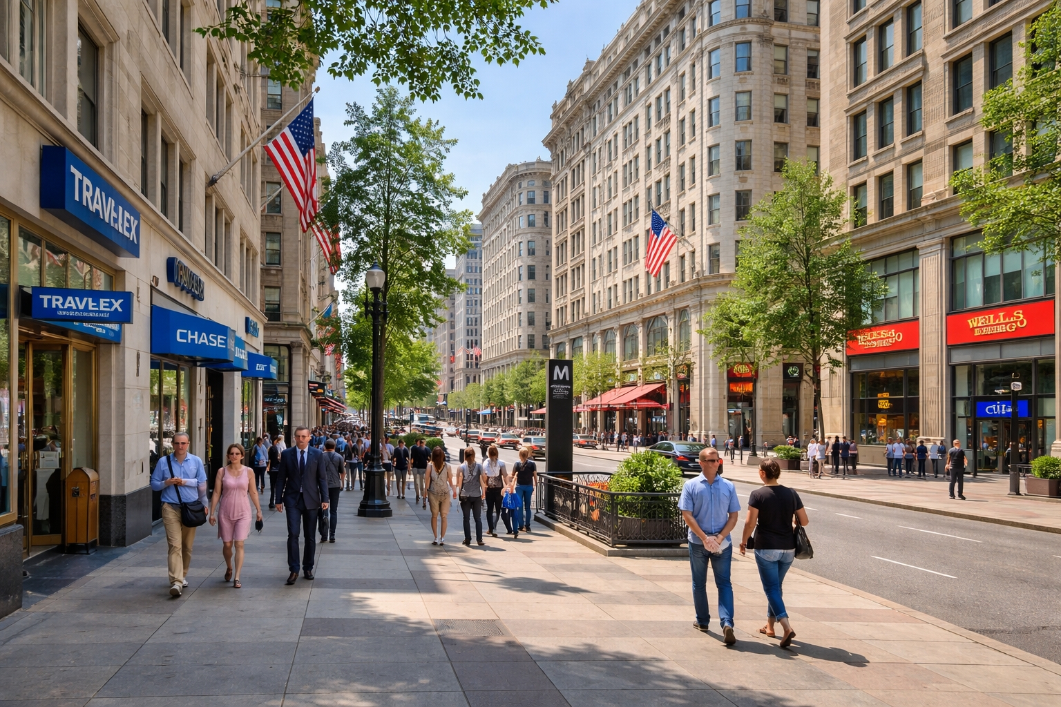 Downtown Washington DC financial district near the White House with bank branches and currency exchange locations within walking distance