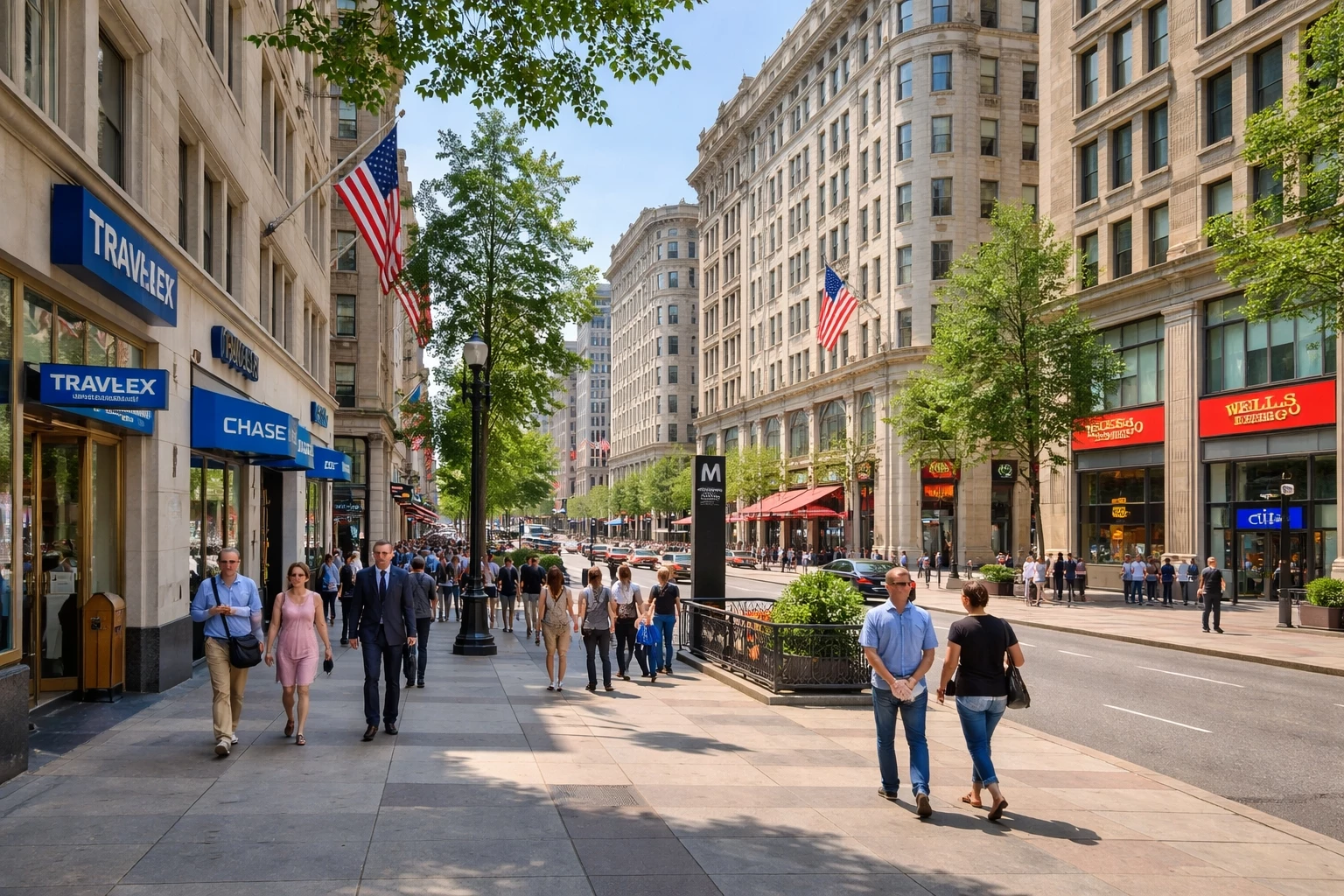 Downtown Washington DC financial district near the White House with bank branches and currency exchange locations within walking distance