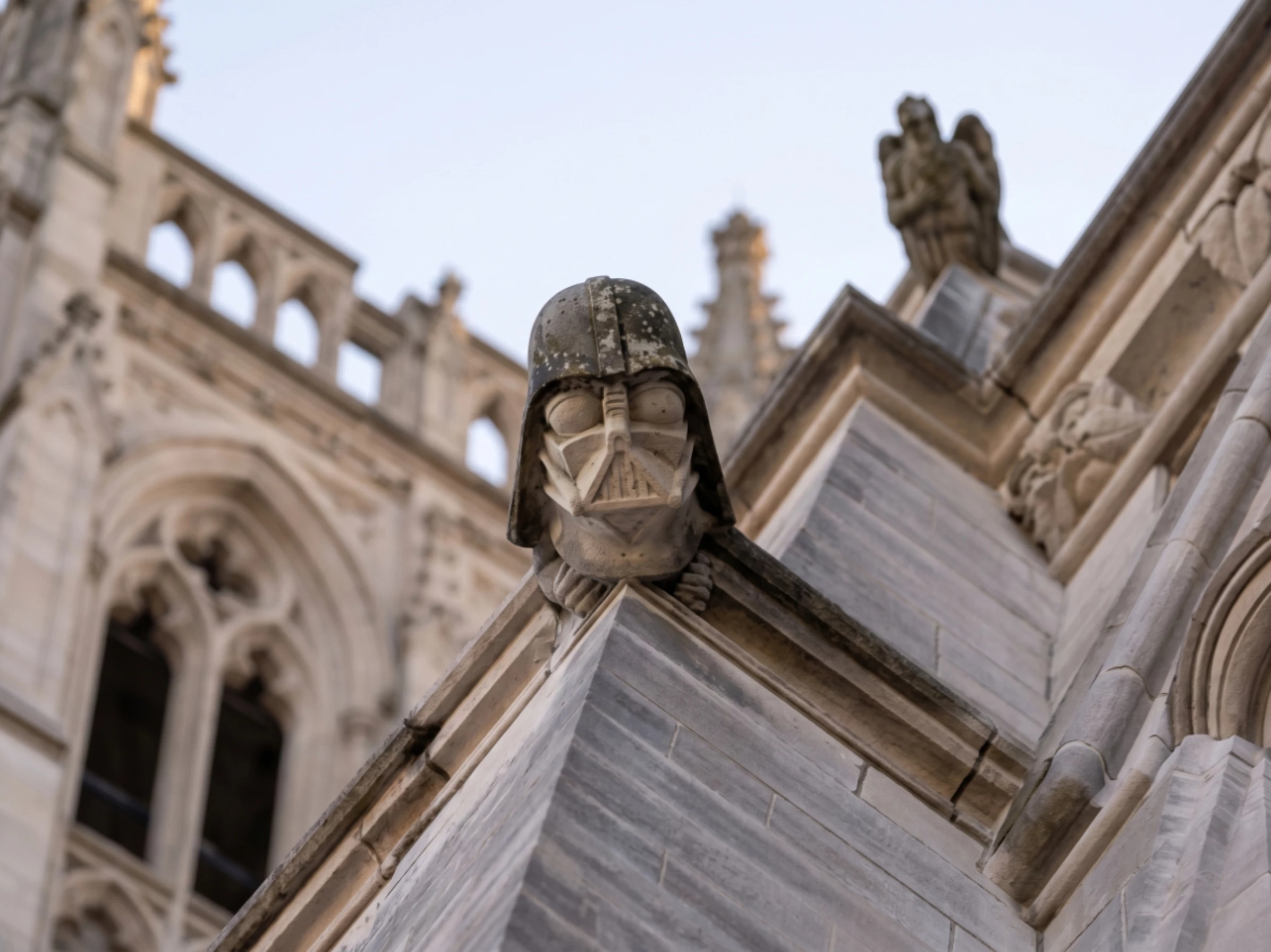 Gothic stone tower at Washington National Cathedral where visitors look for the Darth Vader grotesque in Washington DC