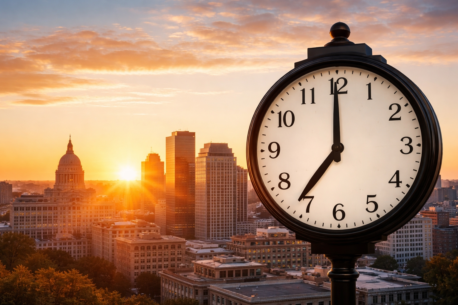 Sunrise city skyline with large clock symbolizing daylight saving time impact on hotel check-in and check-out times during travel