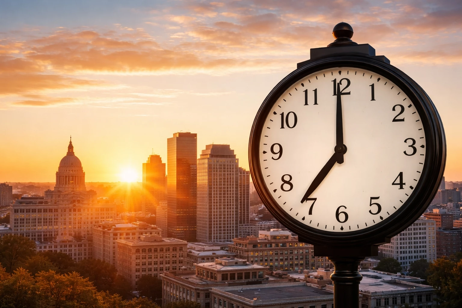 Sunrise city skyline with large clock symbolizing daylight saving time impact on hotel check-in and check-out times during travel