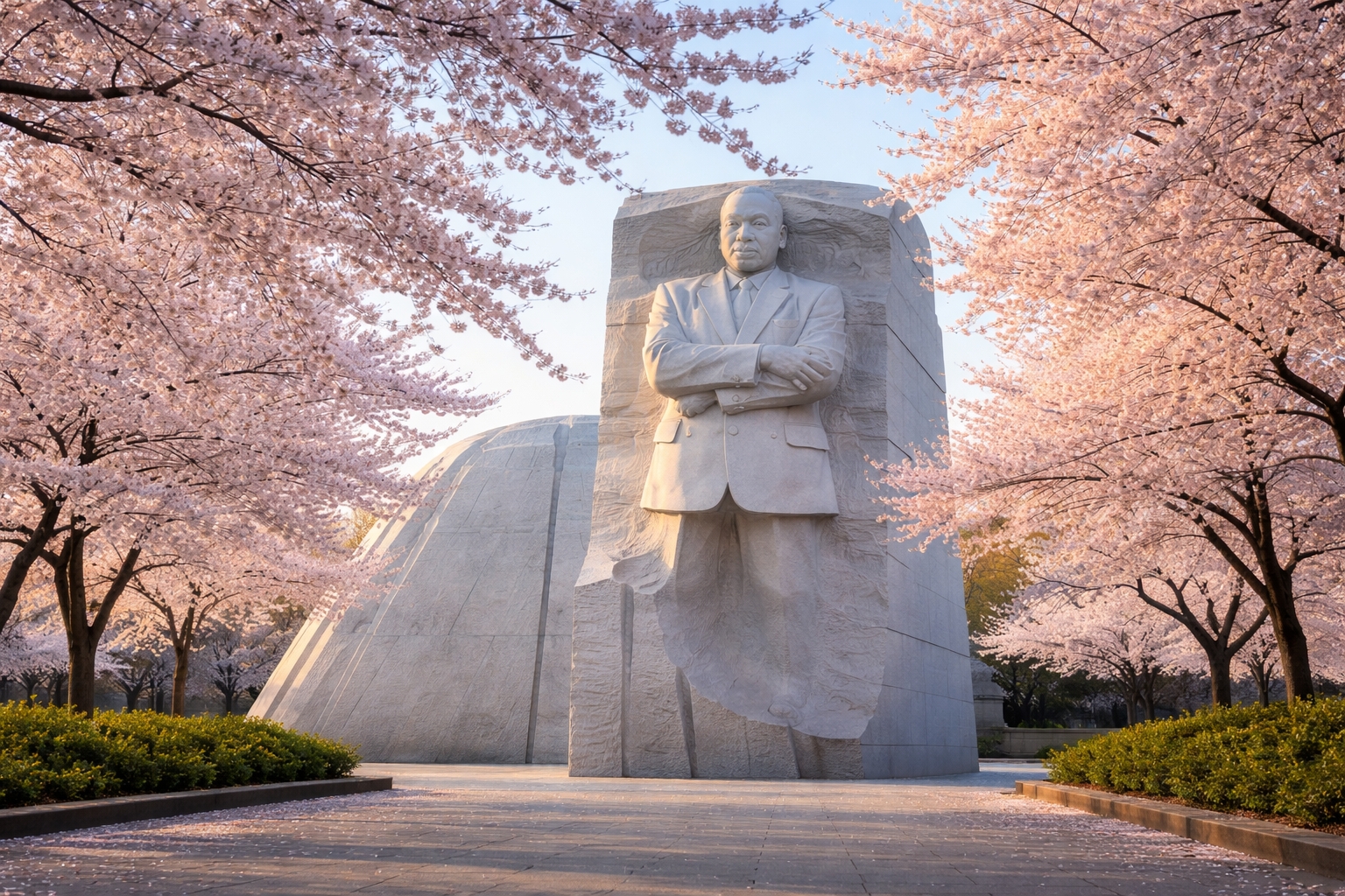 Sunrise at the Tidal Basin during DC cherry blossoms peak bloom 2026 with Yoshino cherry trees in full bloom framing the Jefferson Memorial in Washington DC