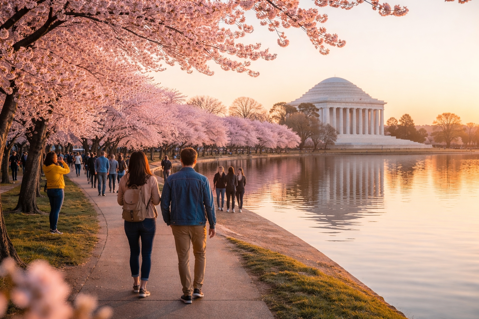 Cherry blossoms in full bloom around the Tidal Basin in Washington DC with the Jefferson Memorial at sunrise during peak bloom in March