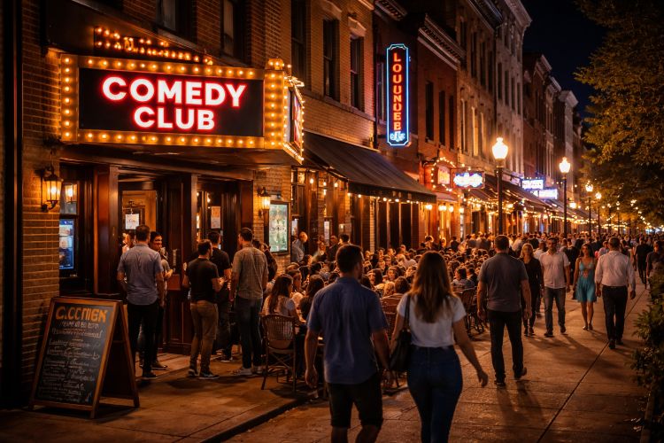 Washington DC nightlife street with comedy club entrance and evening crowd
