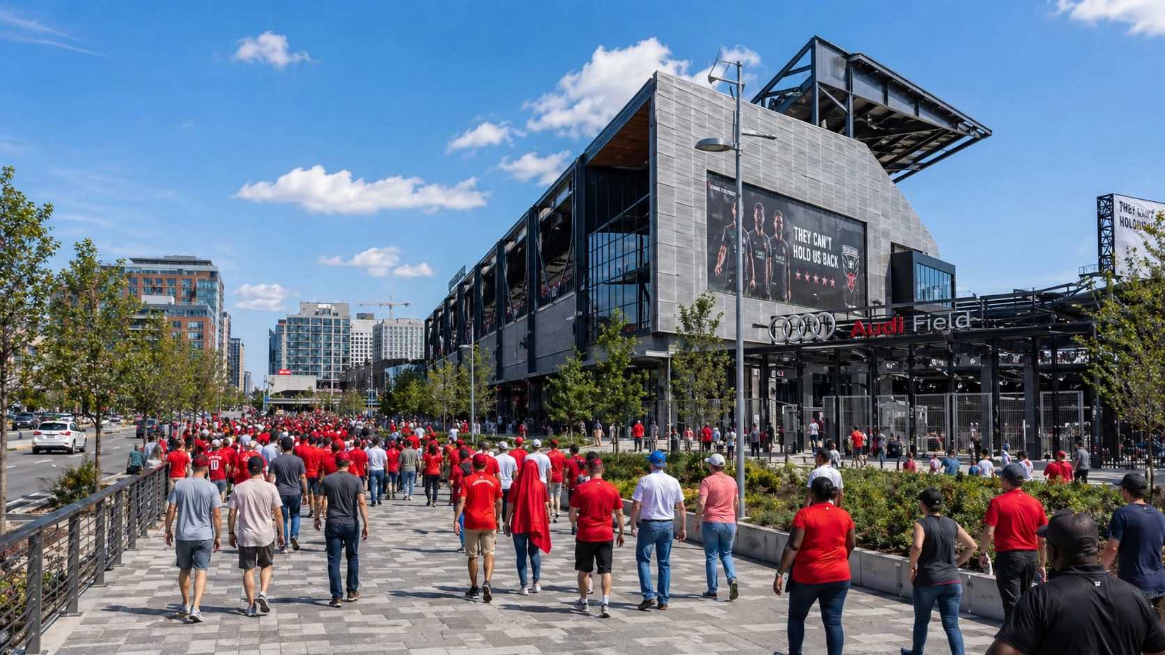 Fans arriving at Audi Field in Washington DC for DC Defenders home games during spring football season near the Capitol Riverfront