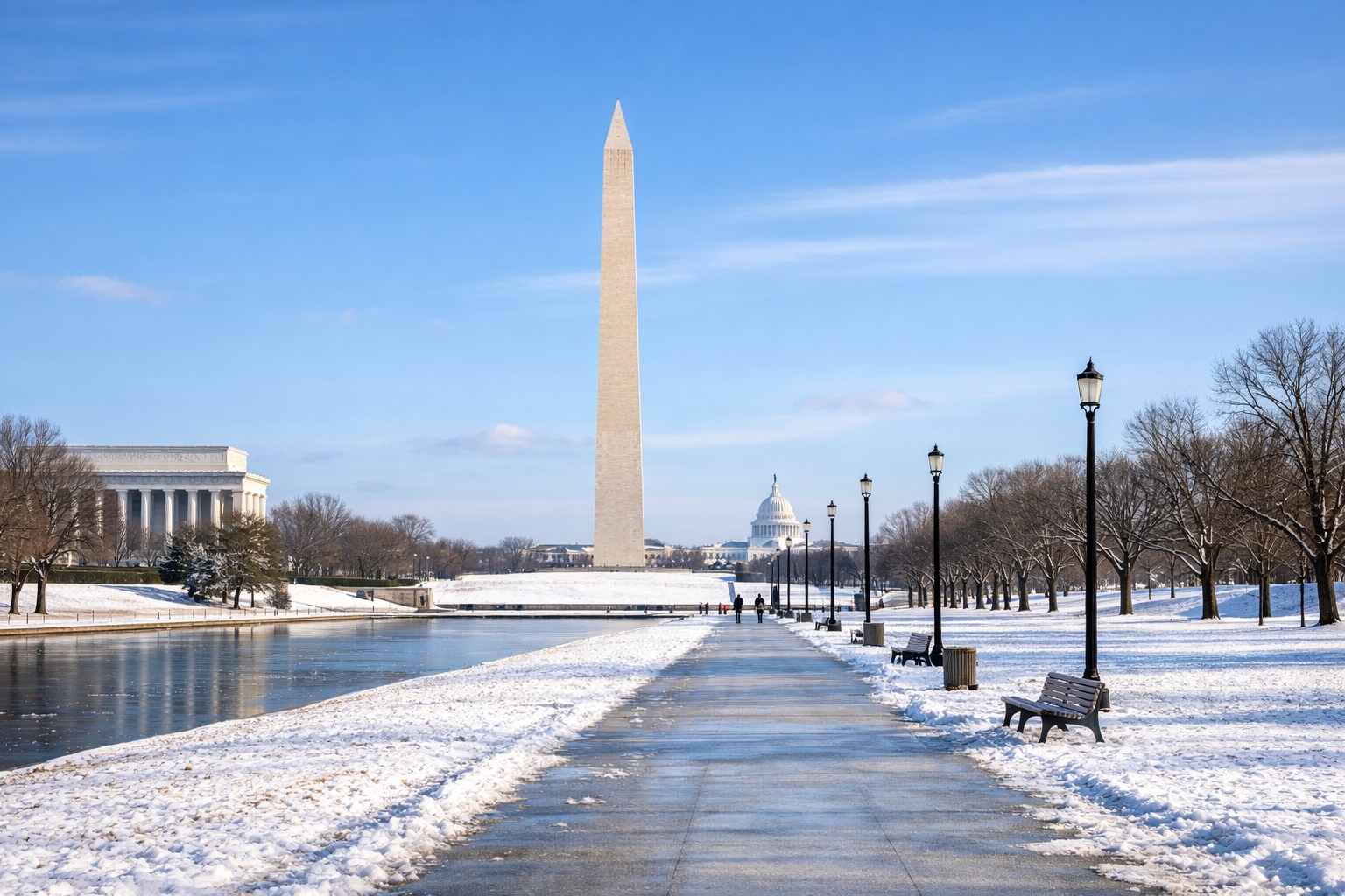 National Mall in winter with snow and Washington DC monuments during the winter season
