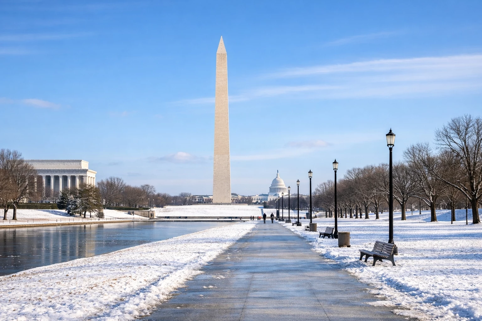 National Mall in winter with snow and Washington DC monuments during the winter season