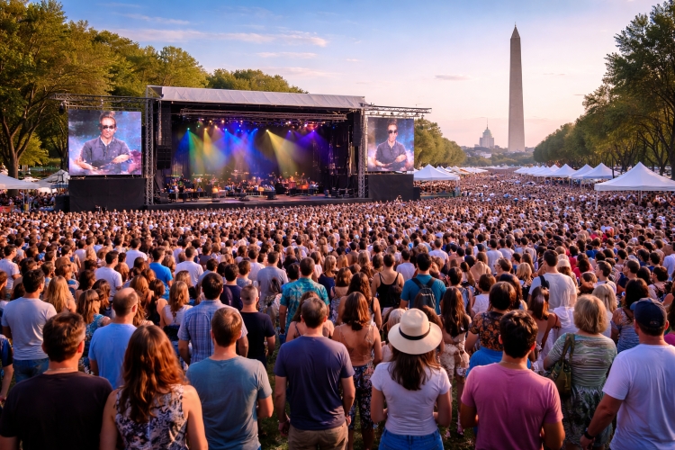 Outdoor jazz performance at DC JazzFest 2026 at The Wharf waterfront stage in Washington DC with audience and sunset skyline