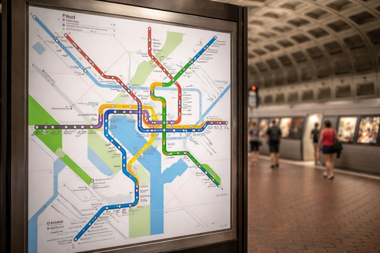 A detailed transit map displaying the full Washington DC Metro network, including all lines, stations, and transfer points.