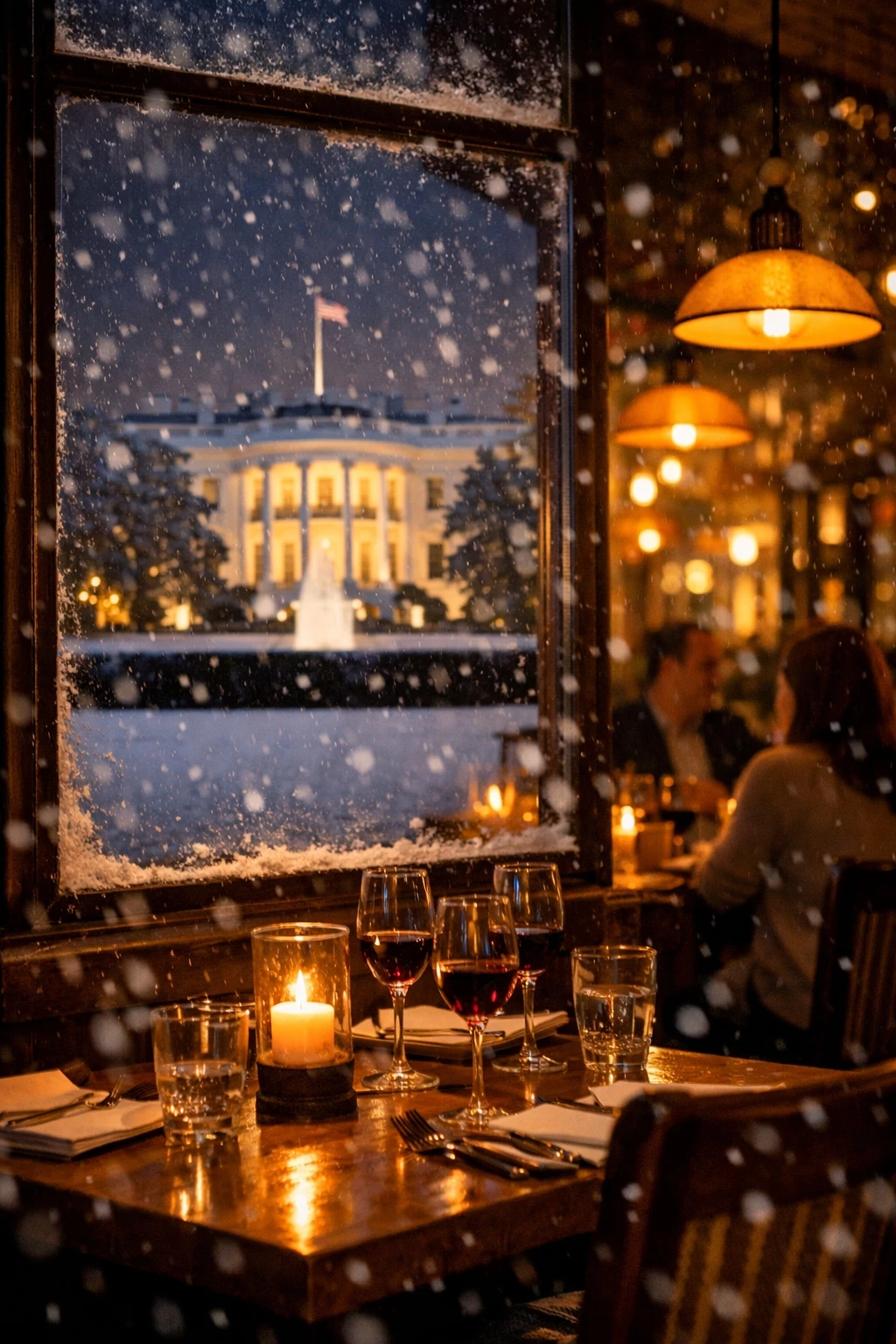 Cozy Washington DC restaurant during DC Winter Restaurant Week 2026 with the White House visible through a snowy window