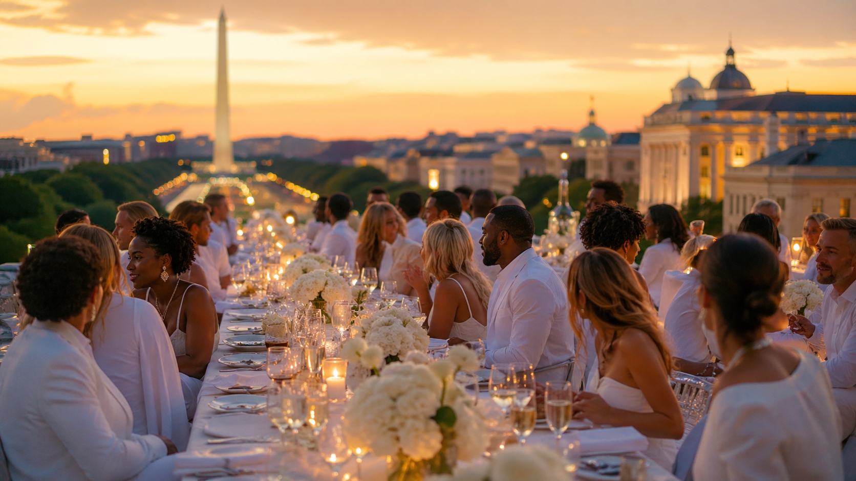 Guests in elegant white outfits arrive for Dîner en Blanc Washington DC carrying picnic baskets and folded chairs near downtown landmarks.