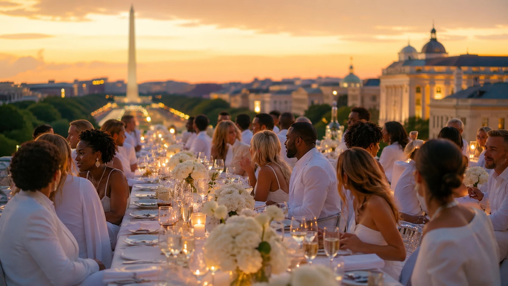 Guests in elegant white outfits arrive for Dîner en Blanc Washington DC carrying picnic baskets and folded chairs near downtown landmarks.
