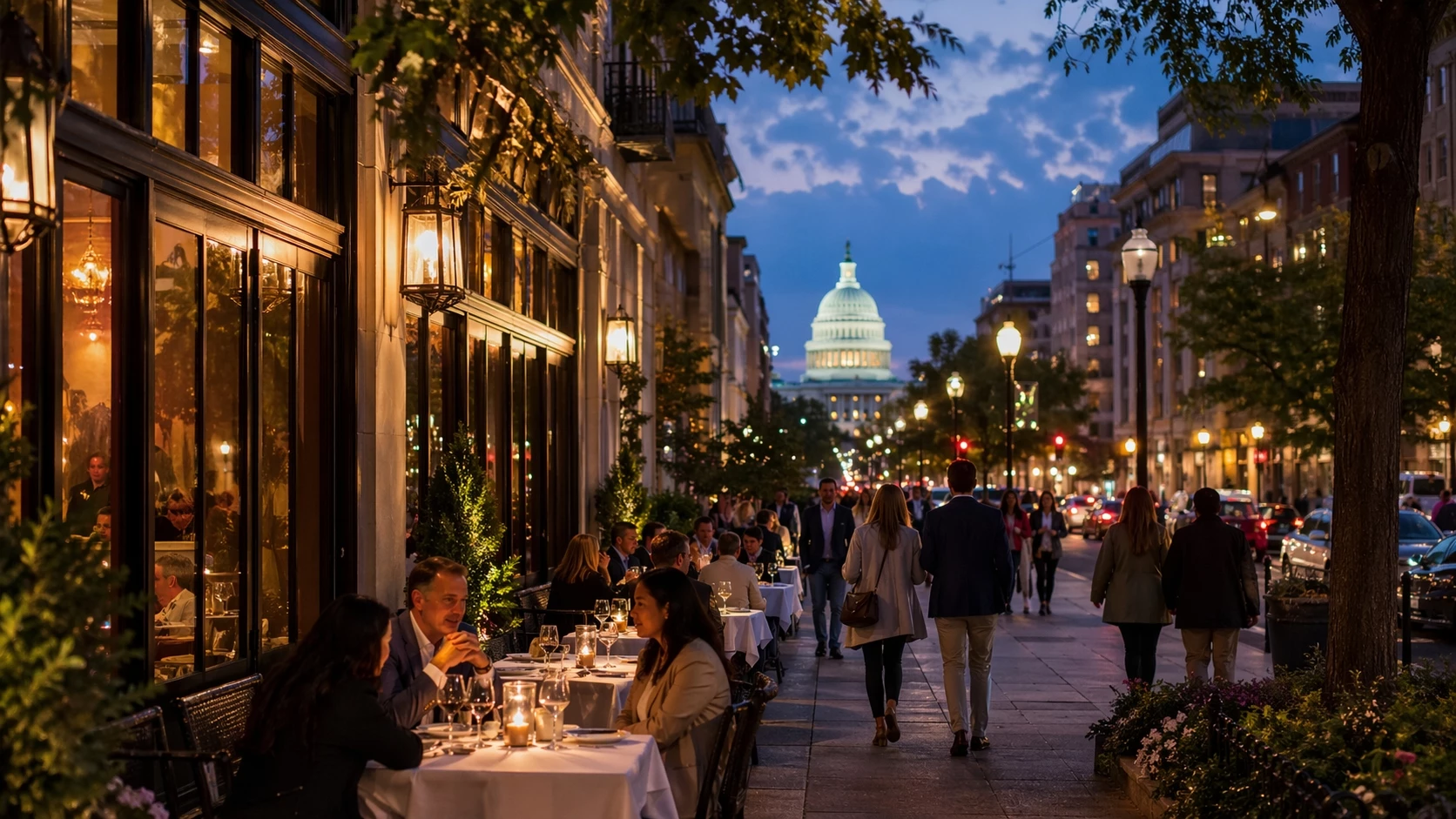 Outdoor downtown DC dining scene near the White House with restaurants, evening patio seating, and a walkable Washington food district atmosphere
