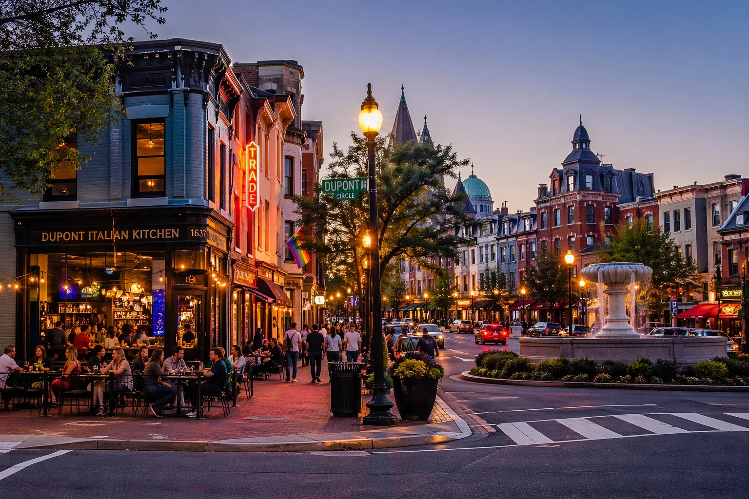 Evening view of Dupont Circle bars in Washington DC with outdoor seating, historic buildings, and a lively neighborhood nightlife scene