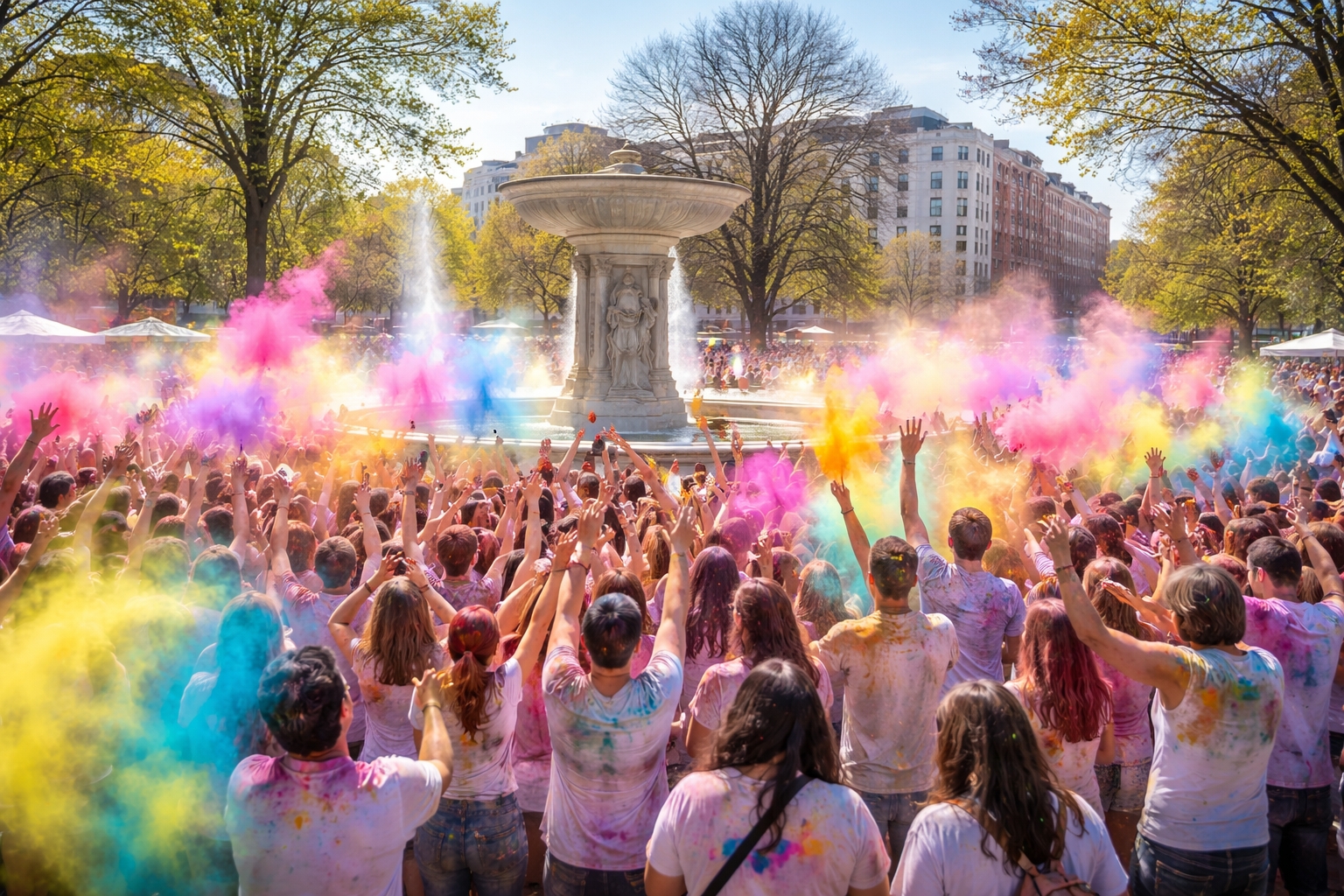 Dupont Circle Park Washington DC event location with central fountain and spring crowd gathering for Holi Festival