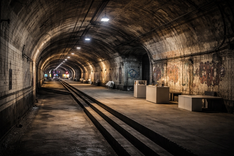 Interior of Dupont Underground in Washington DC showing an abandoned subway tunnel with curved concrete walls, low lighting, and an industrial art space beneath Dupont Circle.