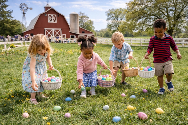 Kids participating in an Easter egg hunt at a farm near Washington DC