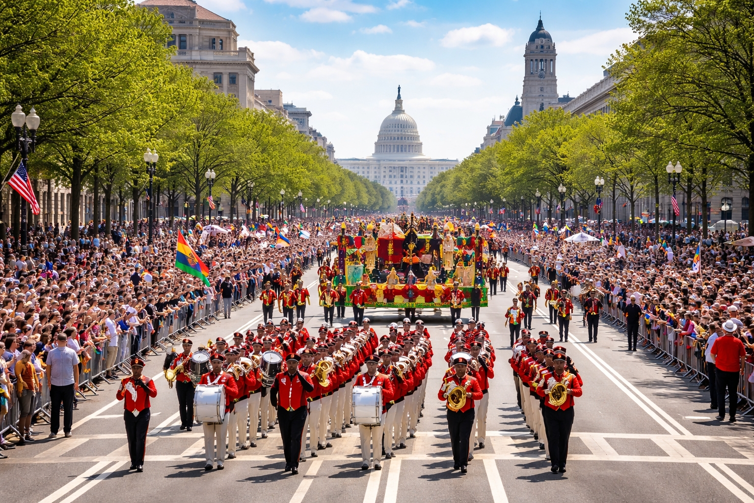 Emancipation Day parade in Washington DC featuring marching bands and floats celebrating freedom during the annual April celebration