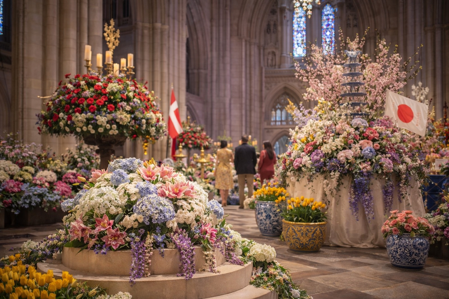 International floral displays inside Washington National Cathedral during Flower Mart 2026 in Washington, DC.
