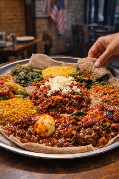ethiopian injera platter with traditional dishes Washington DC restaurant