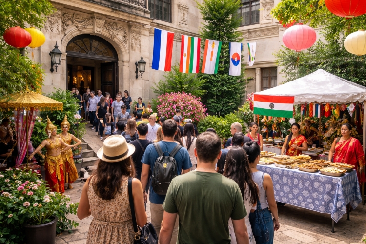 Visitors entering an embassy during the Around the World Embassy Tour with cultural performances and international food displays