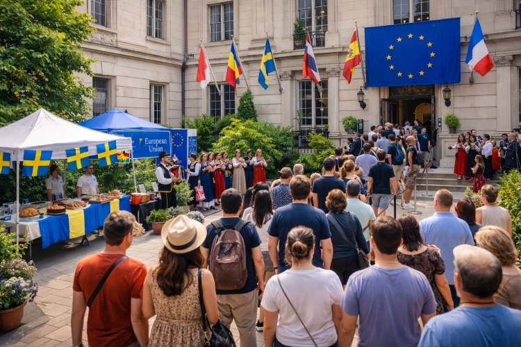 Visitors at a European embassy during EU Open House in Washington DC with flags and cultural displays