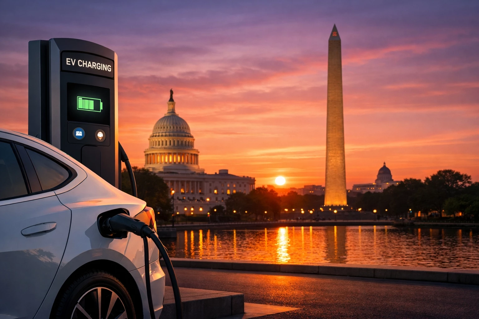 EV charging station in Washington DC with the Capitol and Washington Monument at sunset