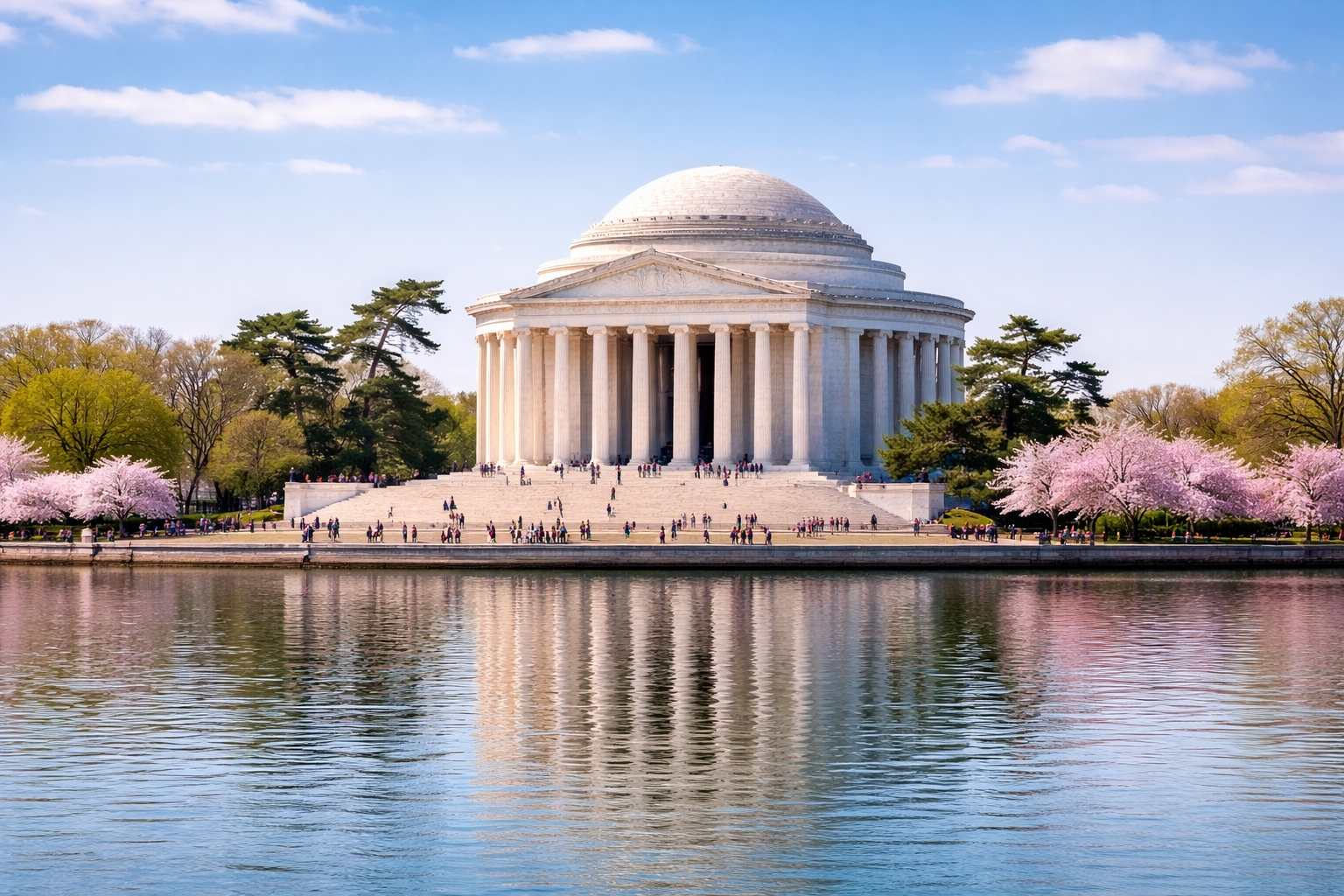 exploring washington dc with a springtime view of the jefferson memorial reflected in the tidal basin surrounded by cherry blossoms
