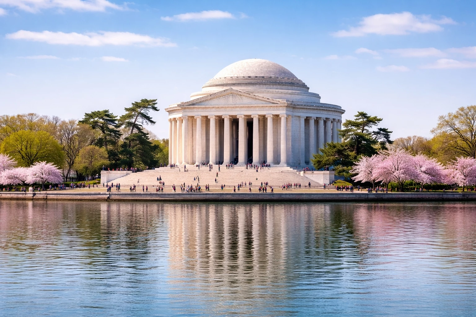 exploring washington dc with a springtime view of the jefferson memorial reflected in the tidal basin surrounded by cherry blossoms