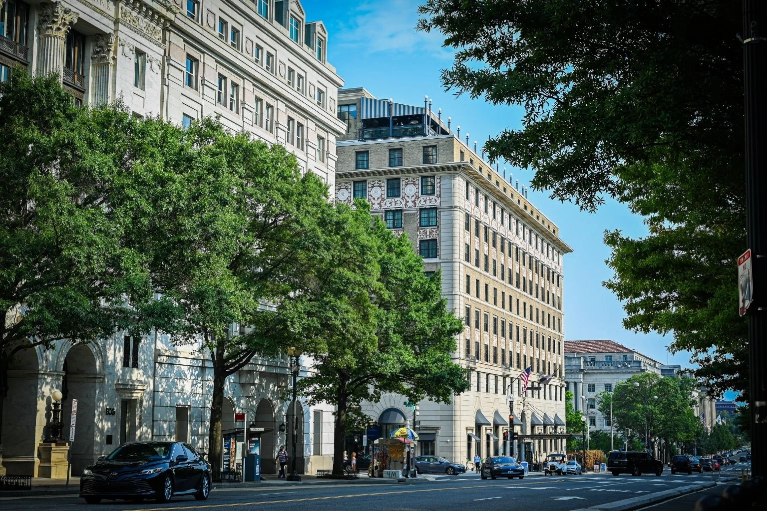 a street with trees and buildings