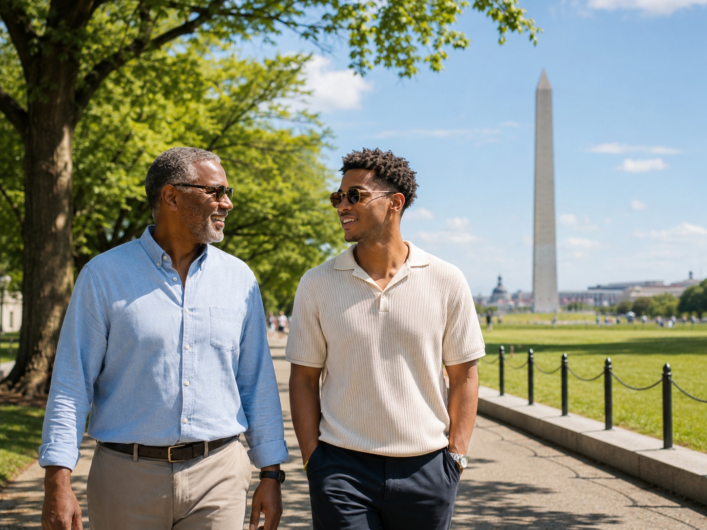 Father and adult child walking near the National Mall during Father’s Day weekend in Washington DC