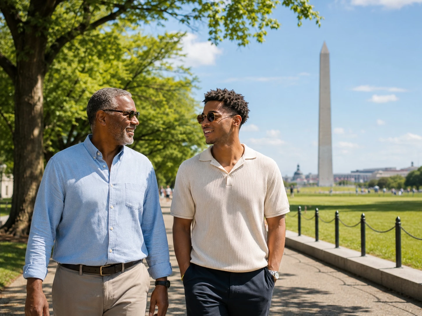 Father and adult child walking near the National Mall during Father’s Day weekend in Washington DC