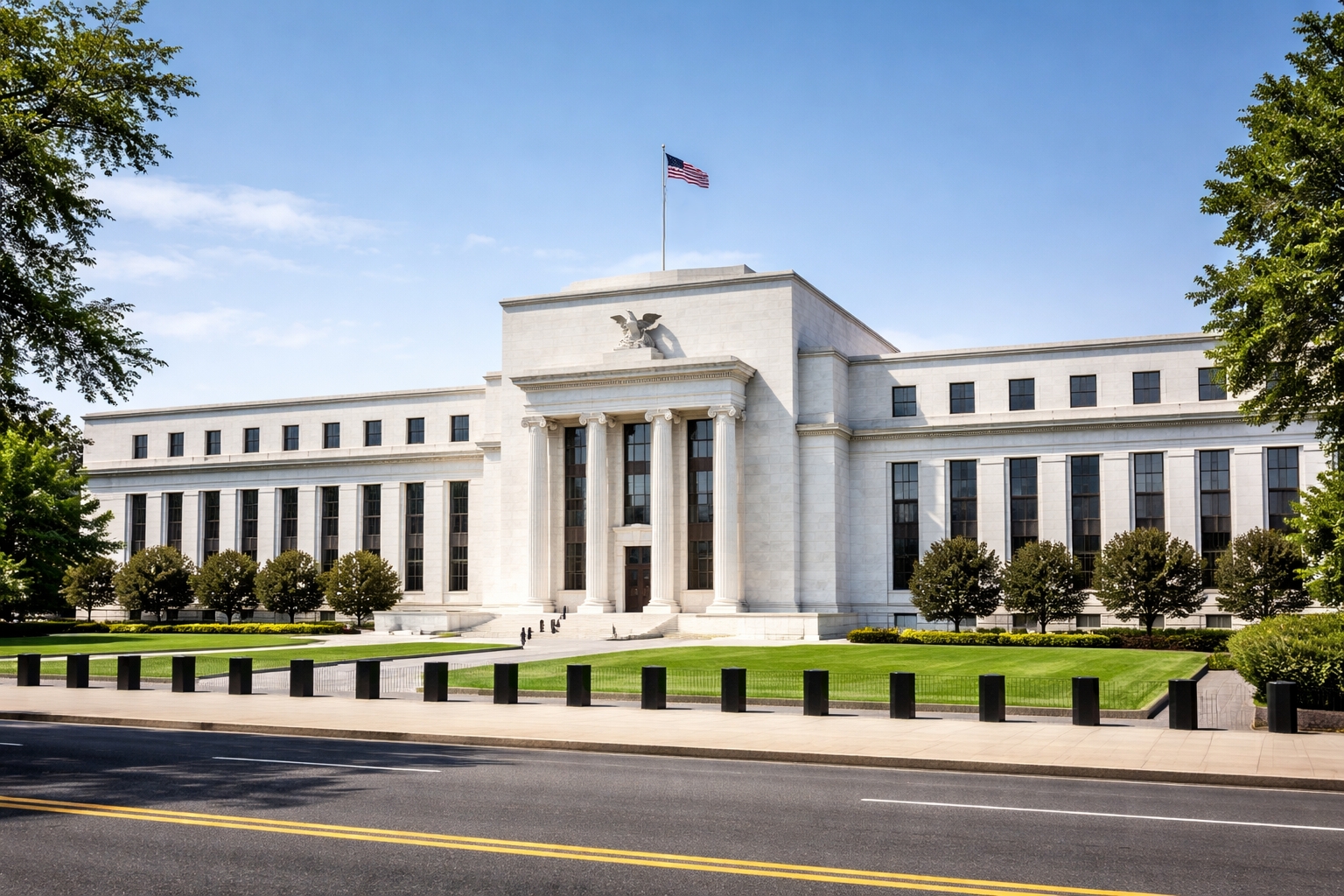 Federal Reserve Building in Washington DC on Constitution Avenue with marble façade and eagle sculpture