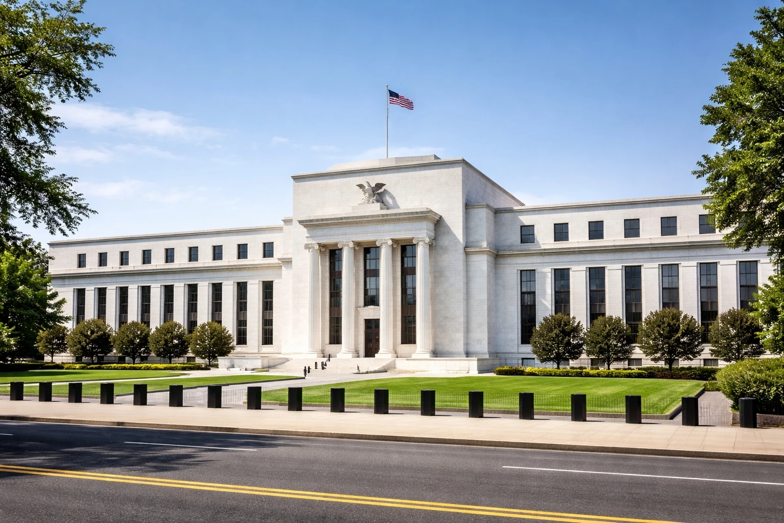 Federal Reserve Building in Washington DC on Constitution Avenue with marble façade and eagle sculpture