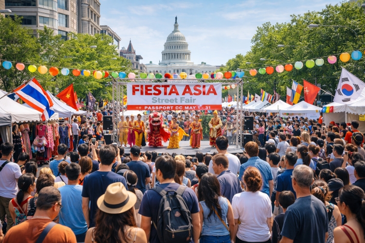 Fiesta Asia street festival in Washington DC with cultural performances and food vendors along Pennsylvania Avenue