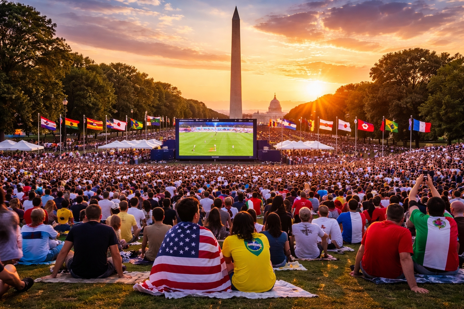 FIFA World Cup 2026 fan zone on the National Mall in Washington DC with international fans watching matches near iconic monuments