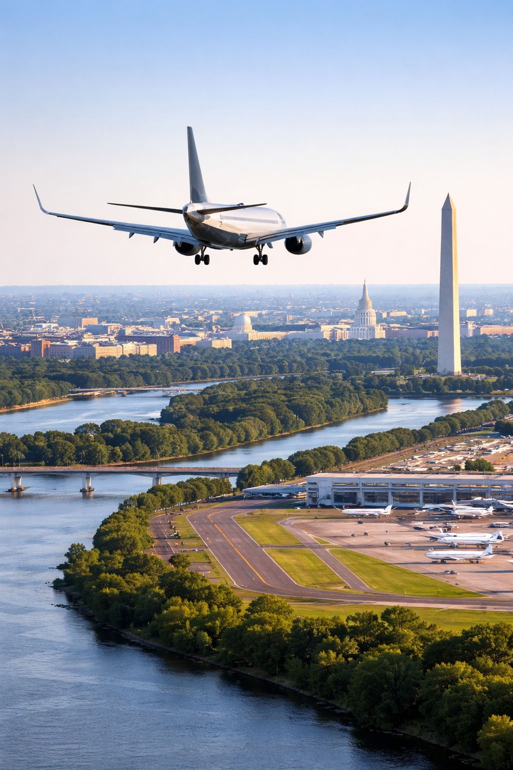 Commercial airplane approaching Ronald Reagan Washington National Airport with Washington DC skyline and Washington Monument visible along the Potomac River.