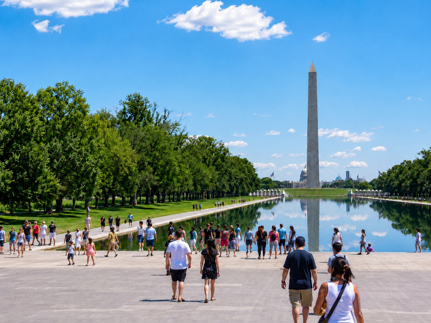 Visitors enjoying free things to do in Washington DC this summer near the National Mall, Reflecting Pool, and Washington Monument.